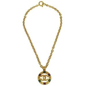 Chanel Gripoix Gold Chain Pendant Necklace Medallion 94A 195195